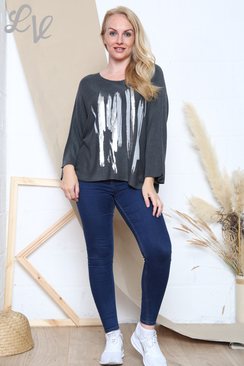 Dames Trui met Folie Krasdetails Fijn Gebreid Houtskool Stukprijs WAS £12,99 NU £6,99