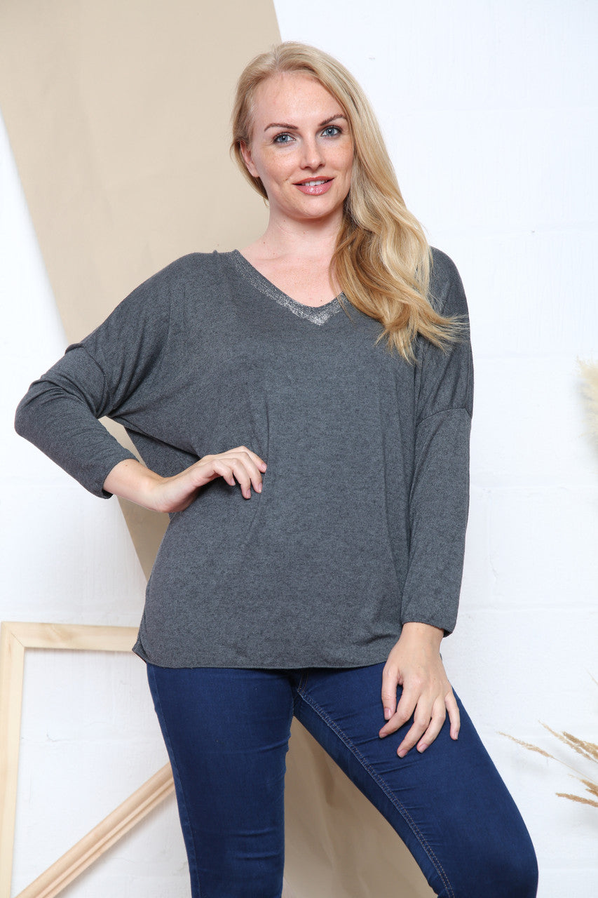 Glitter Dames Top met V-hals Houtskool Stukprijs WAS €10,99 NU €6,99