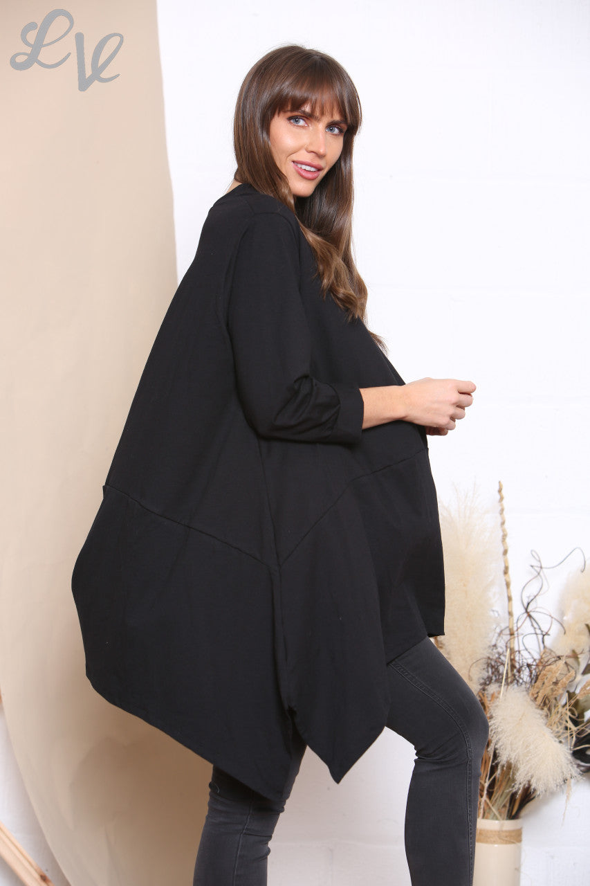 Ladies Plain Pocket Front Sweatshirt Top Black
