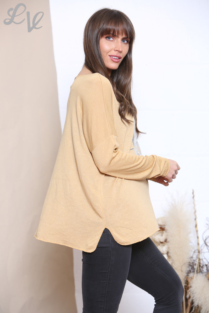 Ladies Foil Love Heart Graphic Fine Knit Top Mustard