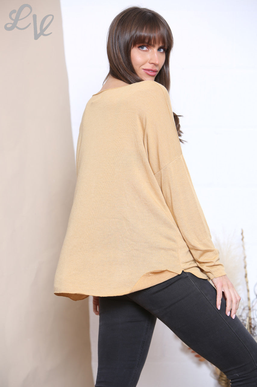 Ladies Foil Love Heart Graphic Fine Knit Top Mustard