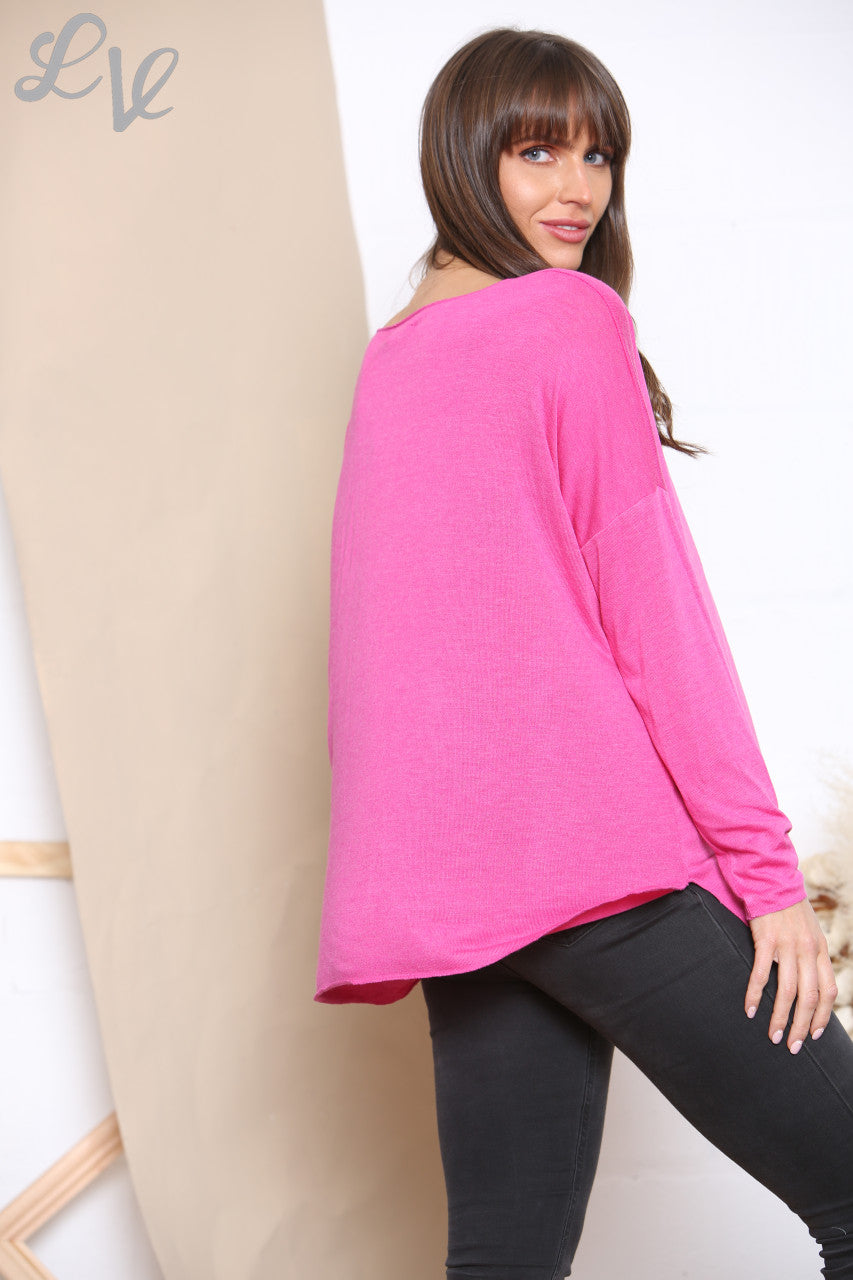 Ladies Foil Love Heart Graphic Fine Knit Top Cerise