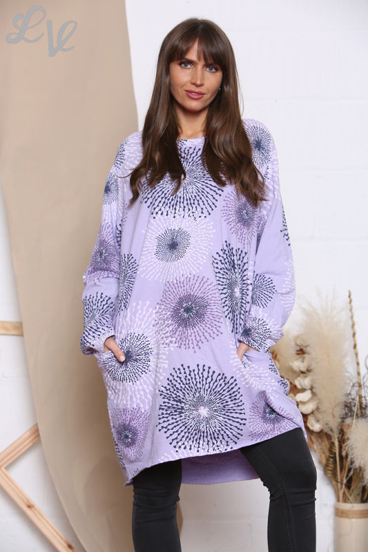 Ladies Dandelion Abstract Print Sweatshirt Top Lilac