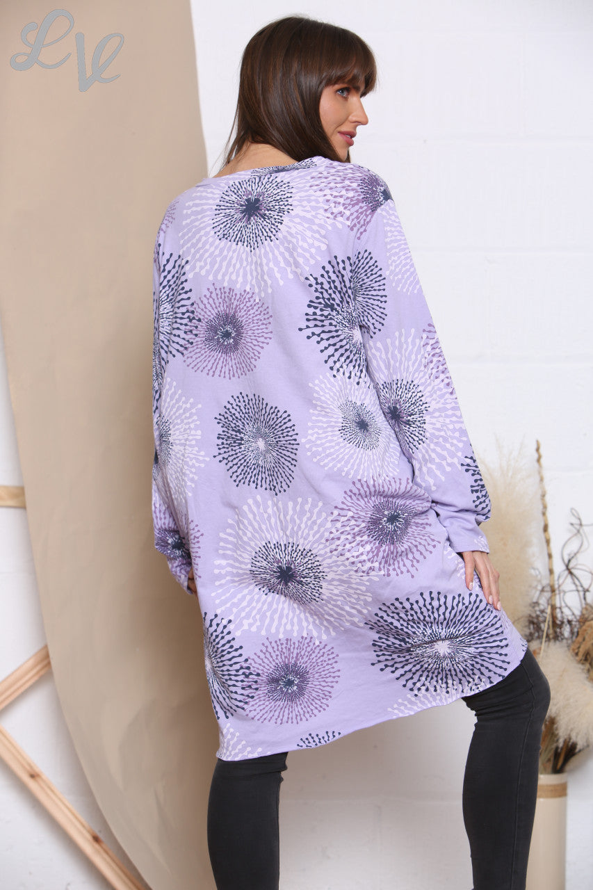 Dames Paarse Sweatshirt Top met Abstracte Paardenbloemprint