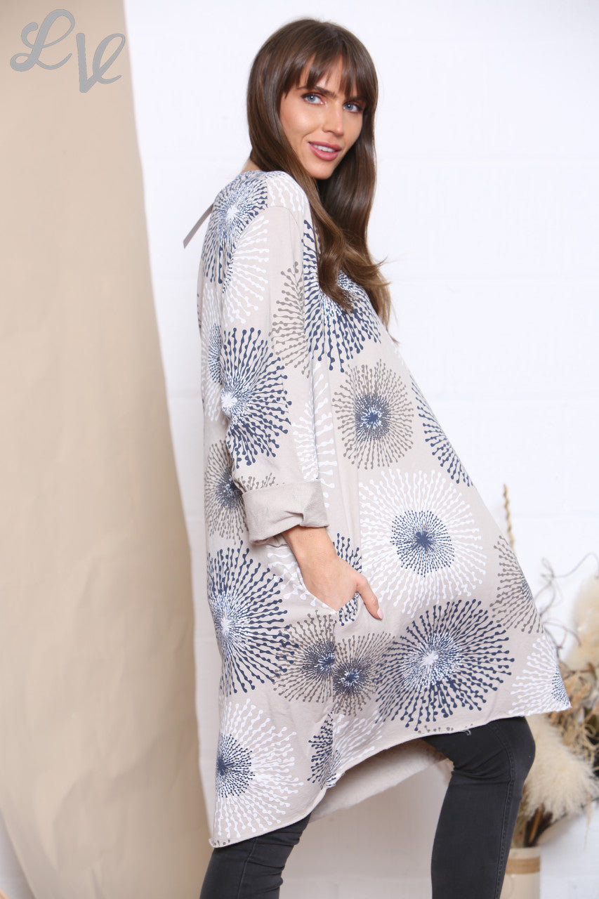 Ladies Dandelion Abstract Print Sweatshirt Top Stone