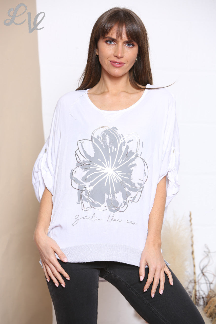 Ladies Floral Foil Graphic Top White