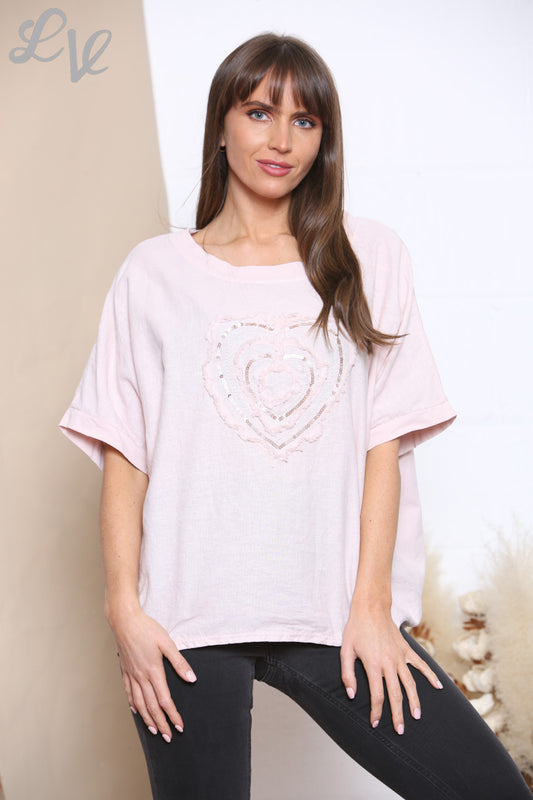Ladies Ruffle & Sequin Heart Linen Top Dusty Pink