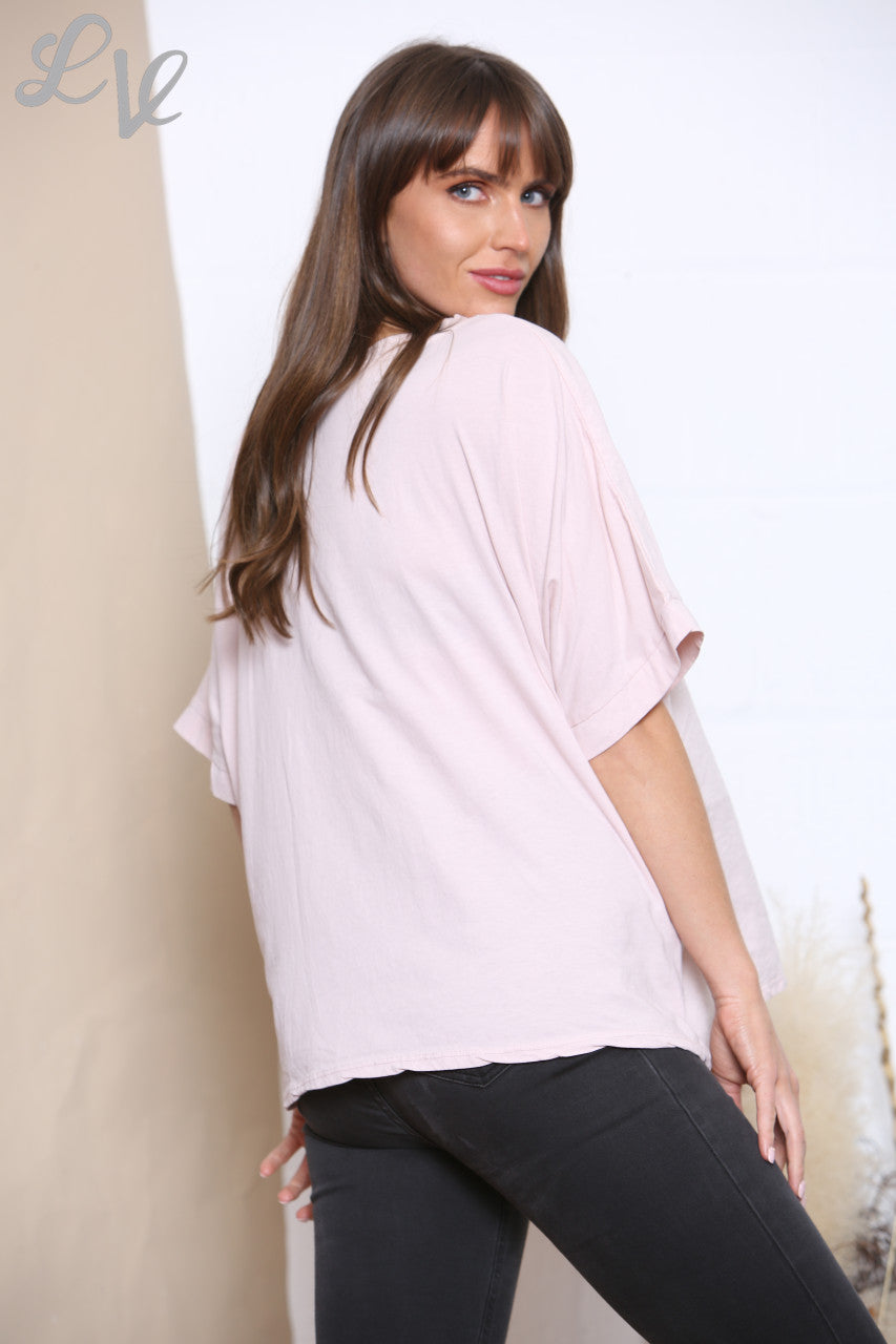 Ladies Ruffle & Sequin Heart Linen Top Dusty Pink