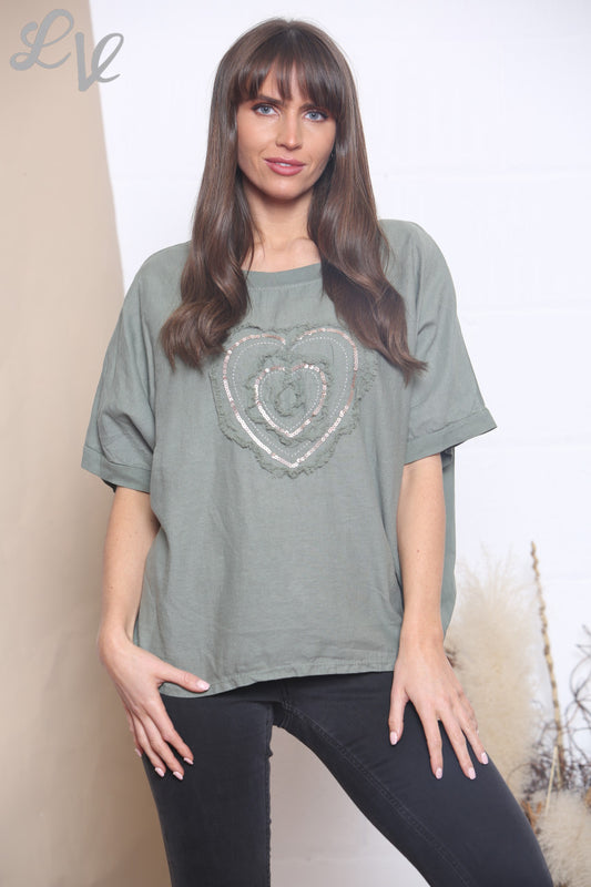 Ladies Ruffle & Sequin Heart Linen Top Khaki