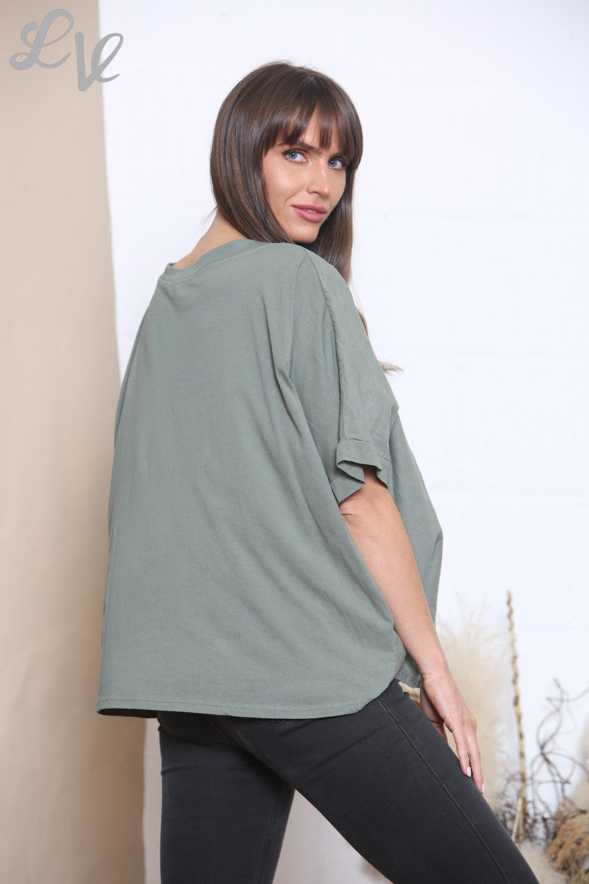 Ladies Ruffle & Sequin Heart Linen Top Khaki