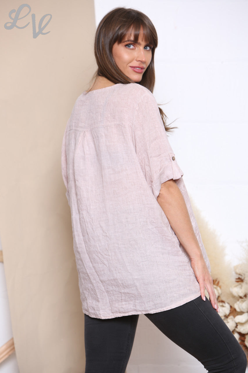 Ladies Floral Embroidered Print Linen Top Dusty Pink