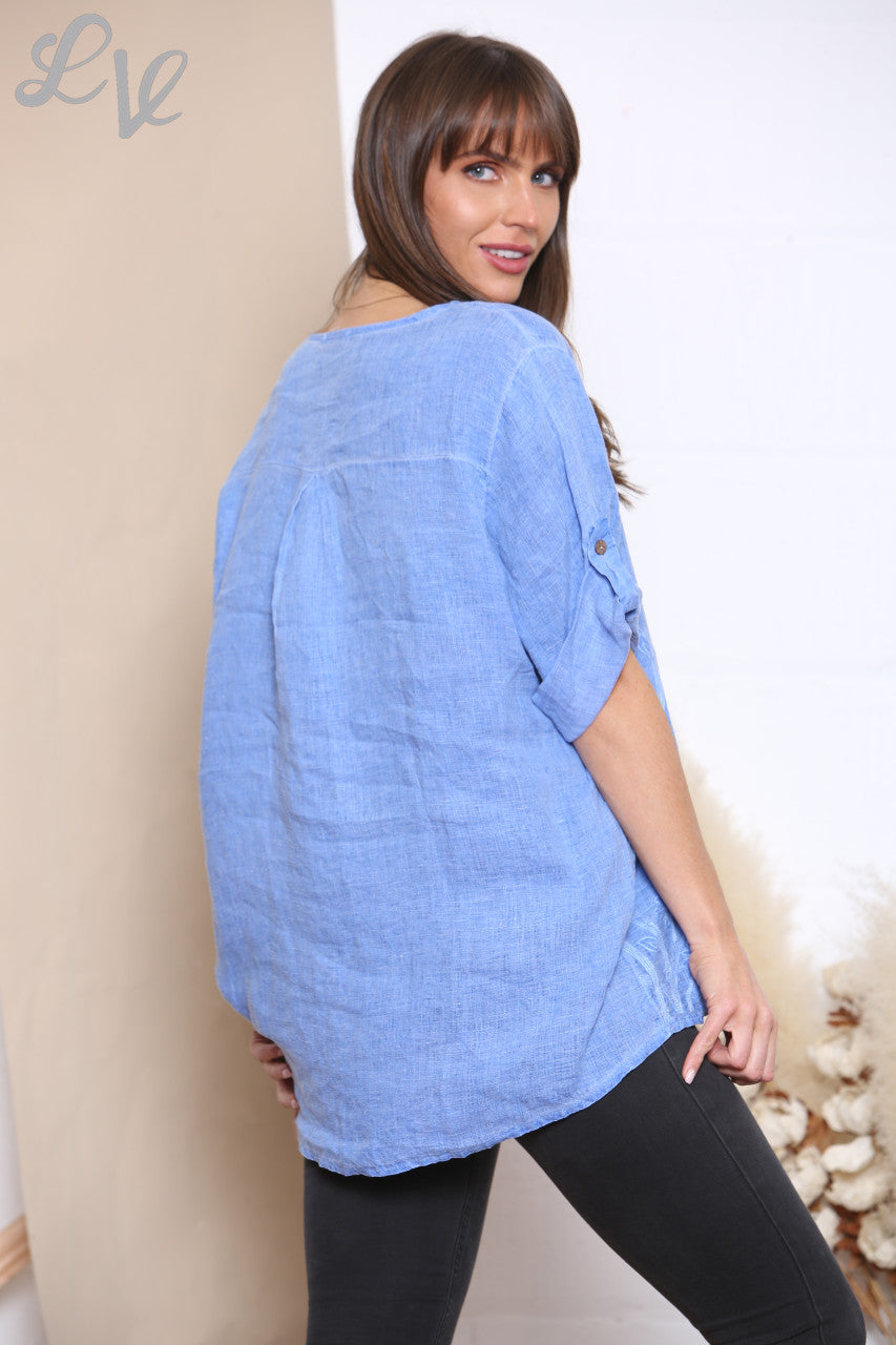 Dames Linnen Top met Bloemenborduursel en Print Blauw