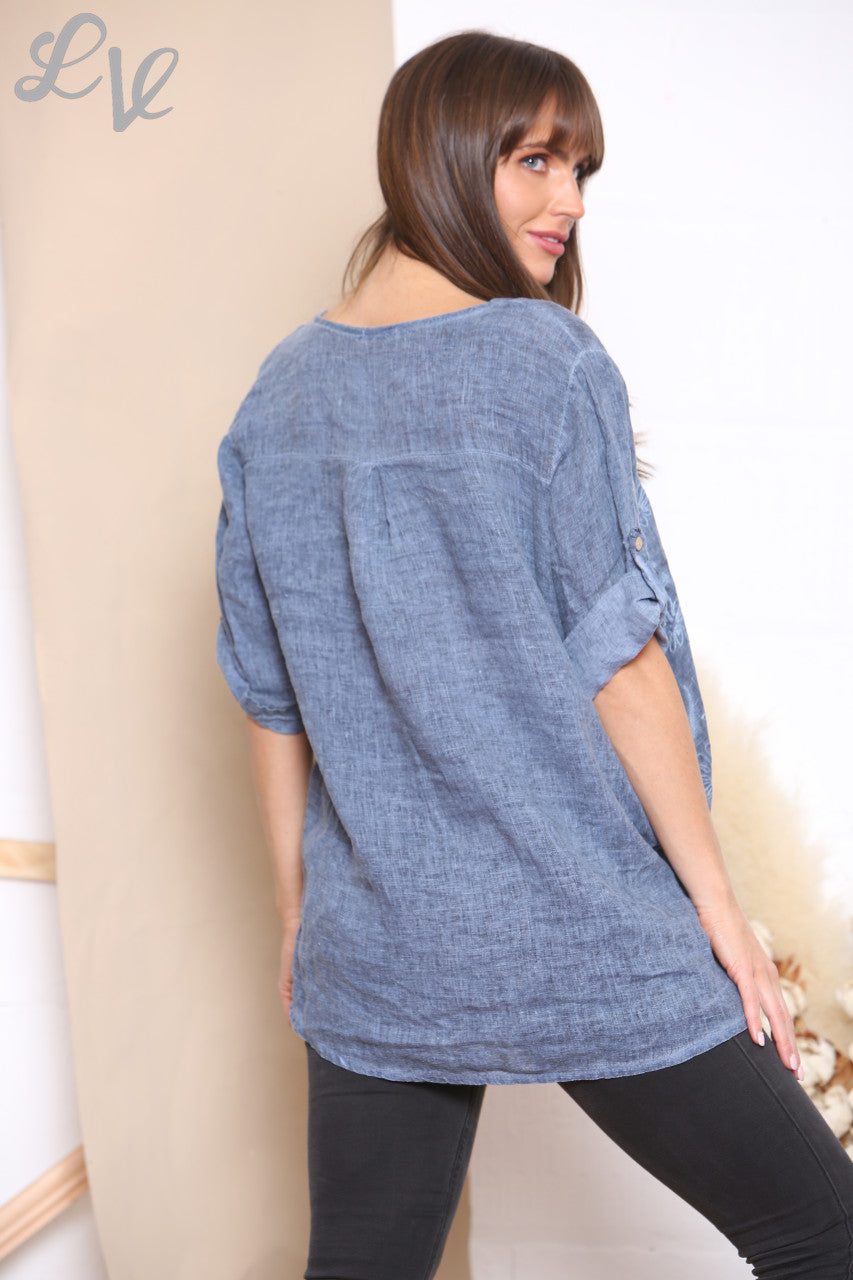 Ladies Floral Embroidered Print Linen Top Denim