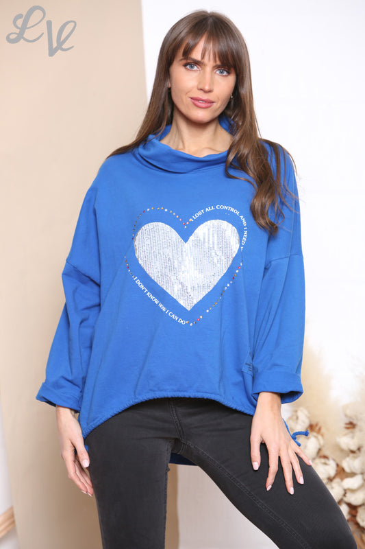 Ladies Script & Heart Graphic Sweatshirt Top Royal Blue