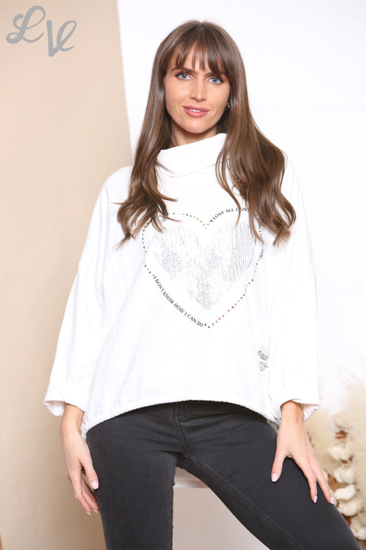 Ladies Script & Heart Graphic Sweatshirt Top White