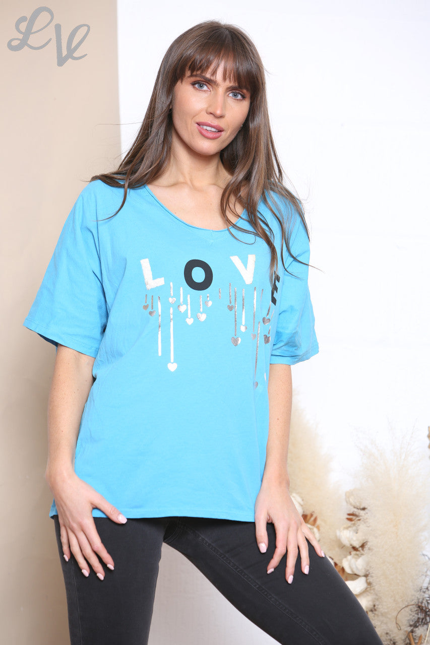 Ladies LOVE Lettering Top Turquoise