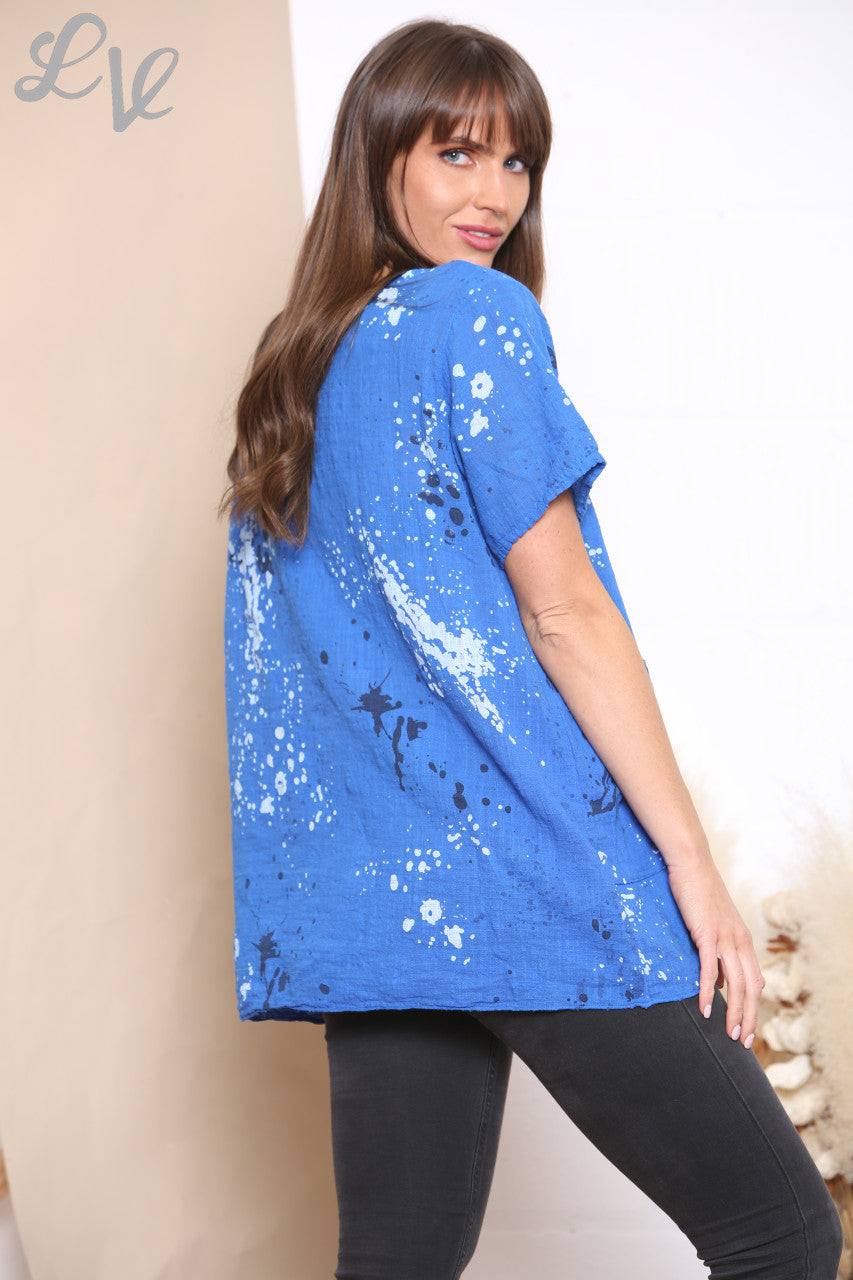 Dames top met verfspatprint Koningsblauw