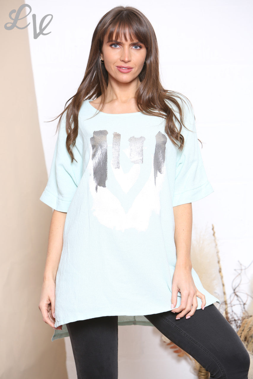 Ladies Foil Smile Top Sky Blue