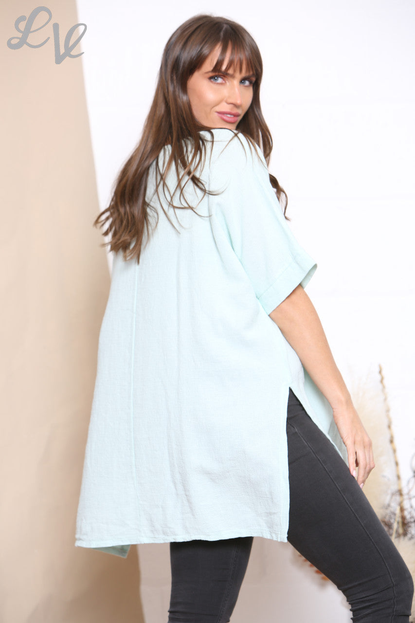Ladies Foil Smile Top Sky Blue