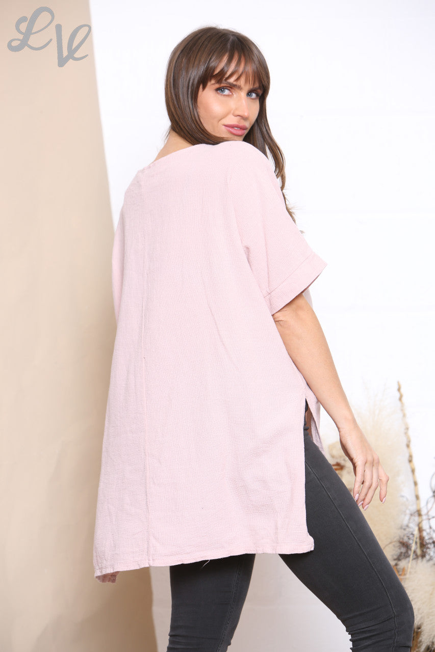 Ladies Foil Smile Top Dusty Pink