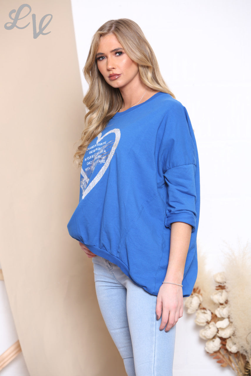 Ladies Quote Heart Graphic Sweatshirt Top Royal Blue