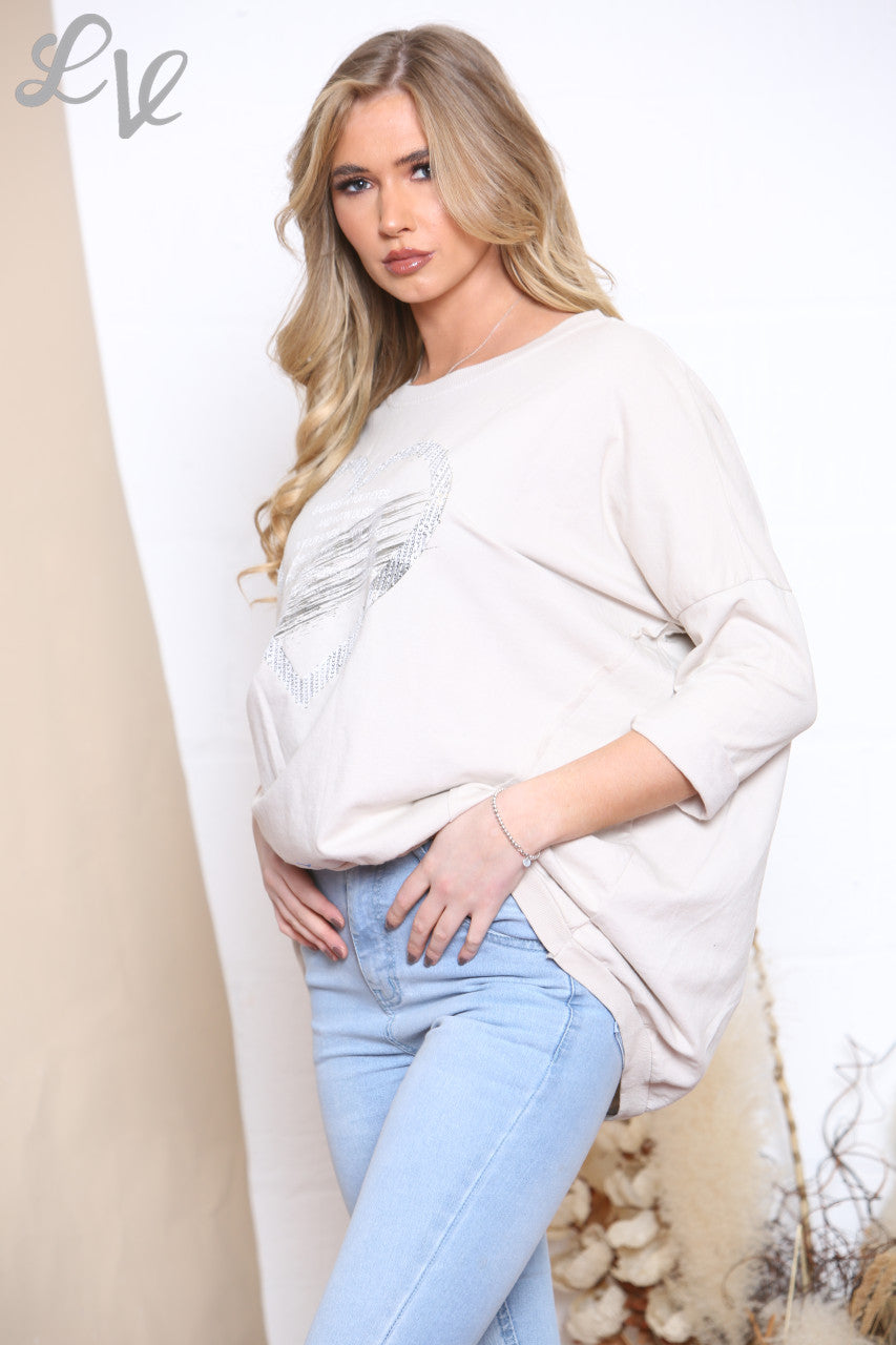 Ladies Quote Heart Graphic Sweatshirt Top Stone