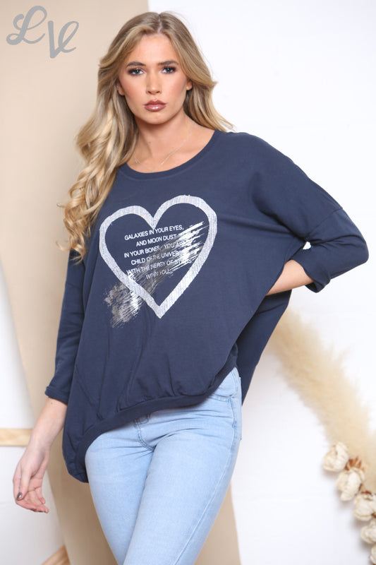 Ladies Quote Heart Graphic Sweatshirt Top Navy