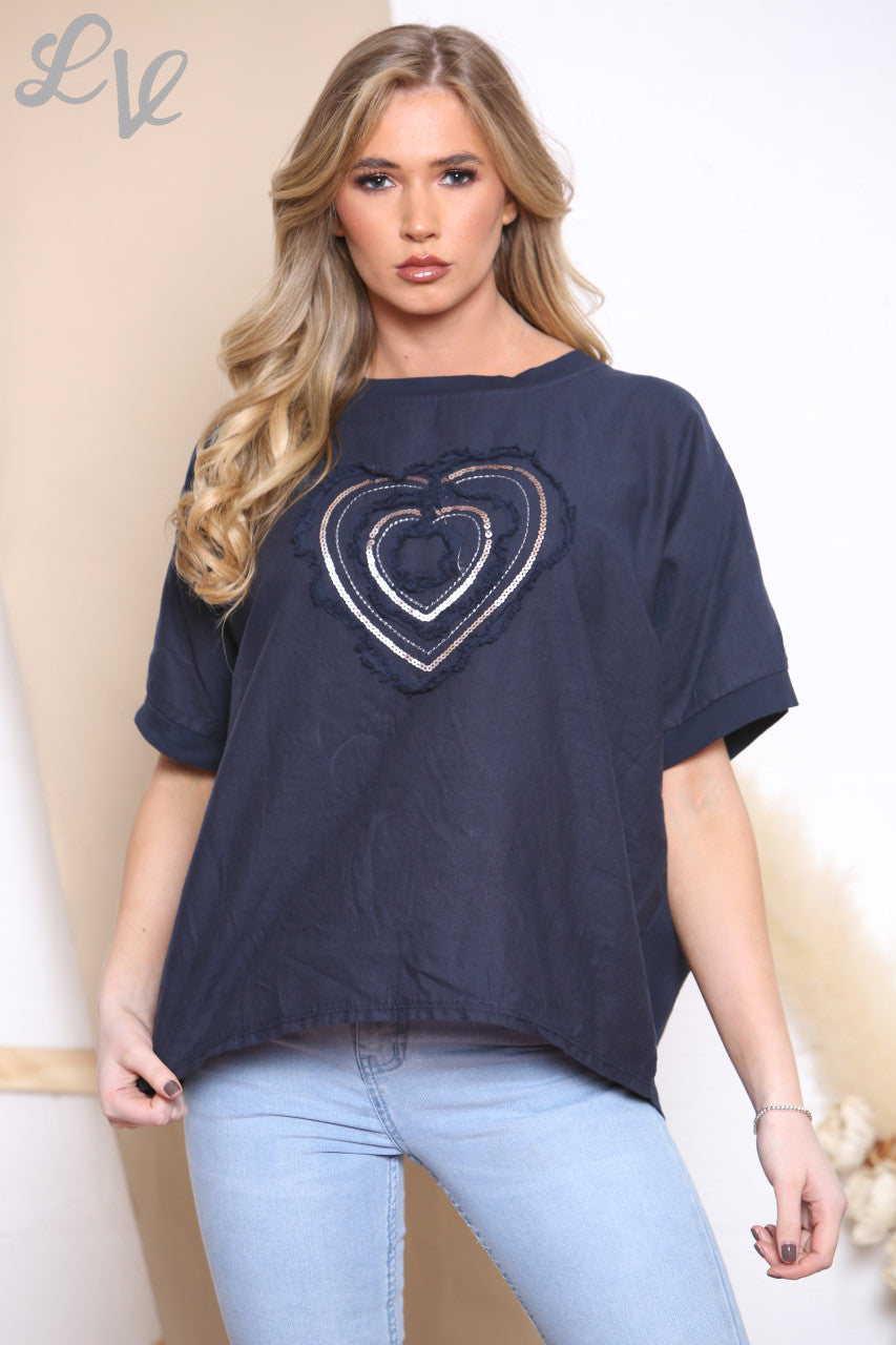 Dames Linnen Top met Ruffles & Pailletten Hart Marineblauw