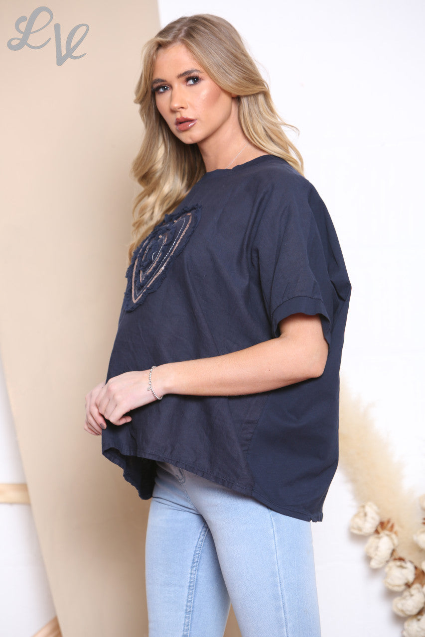 Dames Linnen Top met Ruffles & Pailletten Hart Marineblauw