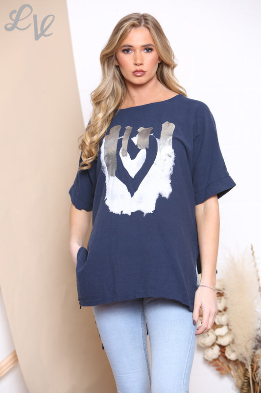 Ladies Foil Smile Top Navy
