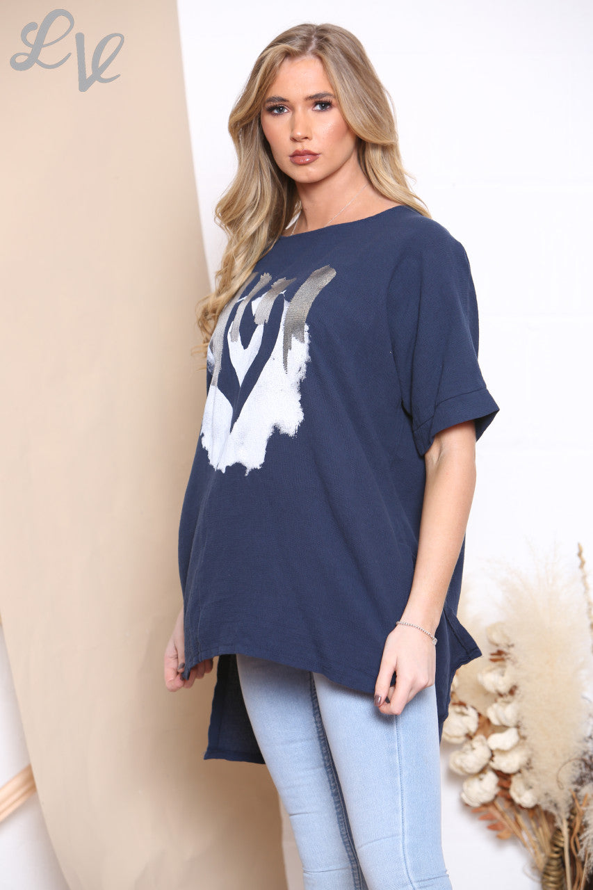 Ladies Foil Smile Top Navy