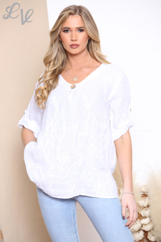 Ladies Floral Embroidered Print Linen Top White