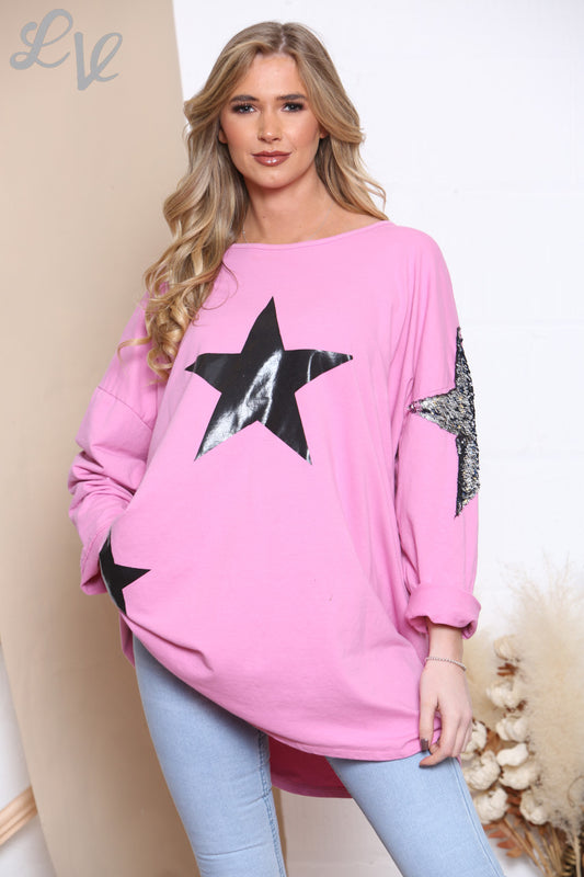 Dames sweatshirt met grafische print en sterpailletten roze