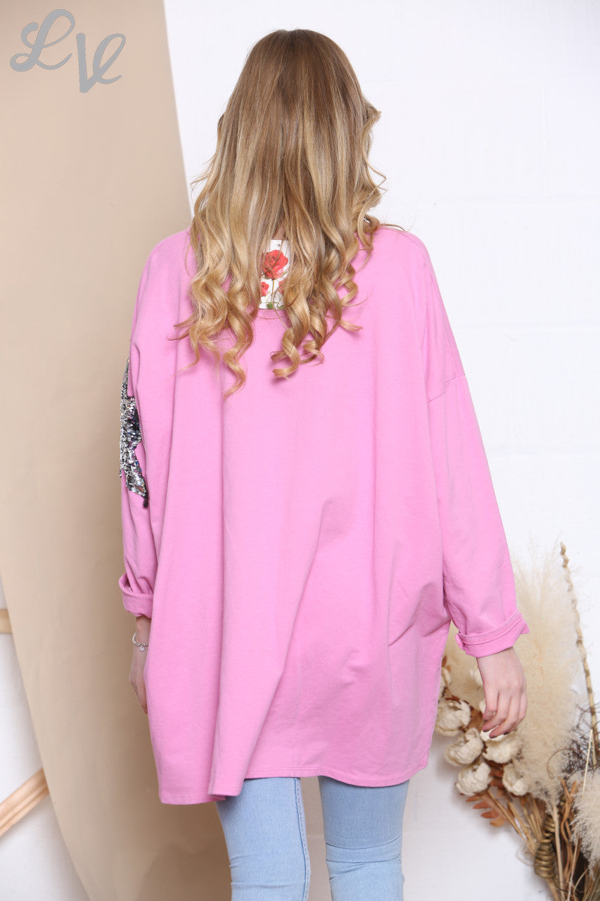 Dames sweatshirt met grafische print en sterpailletten roze