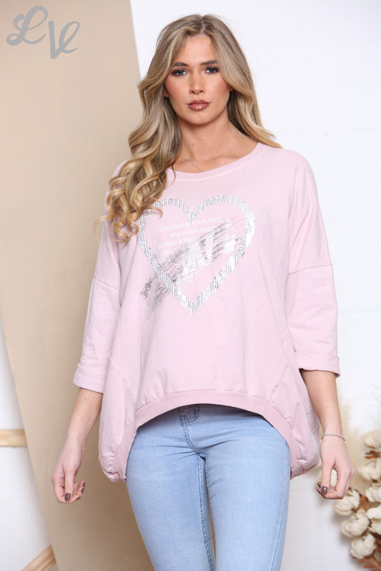 Ladies Quote Heart Graphic Sweatshirt Top Dusty Pink