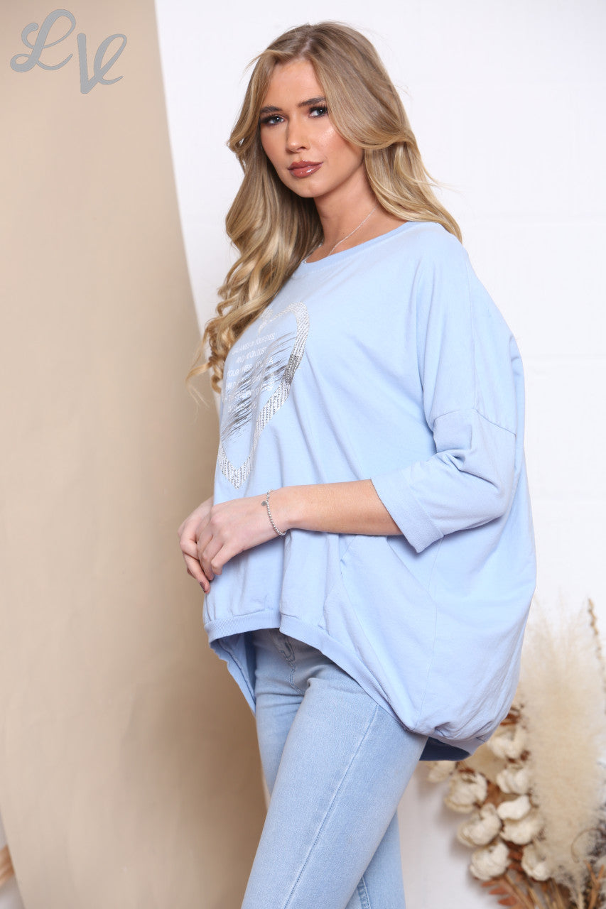 Ladies Quote Heart Graphic Sweatshirt Top Sky Blue