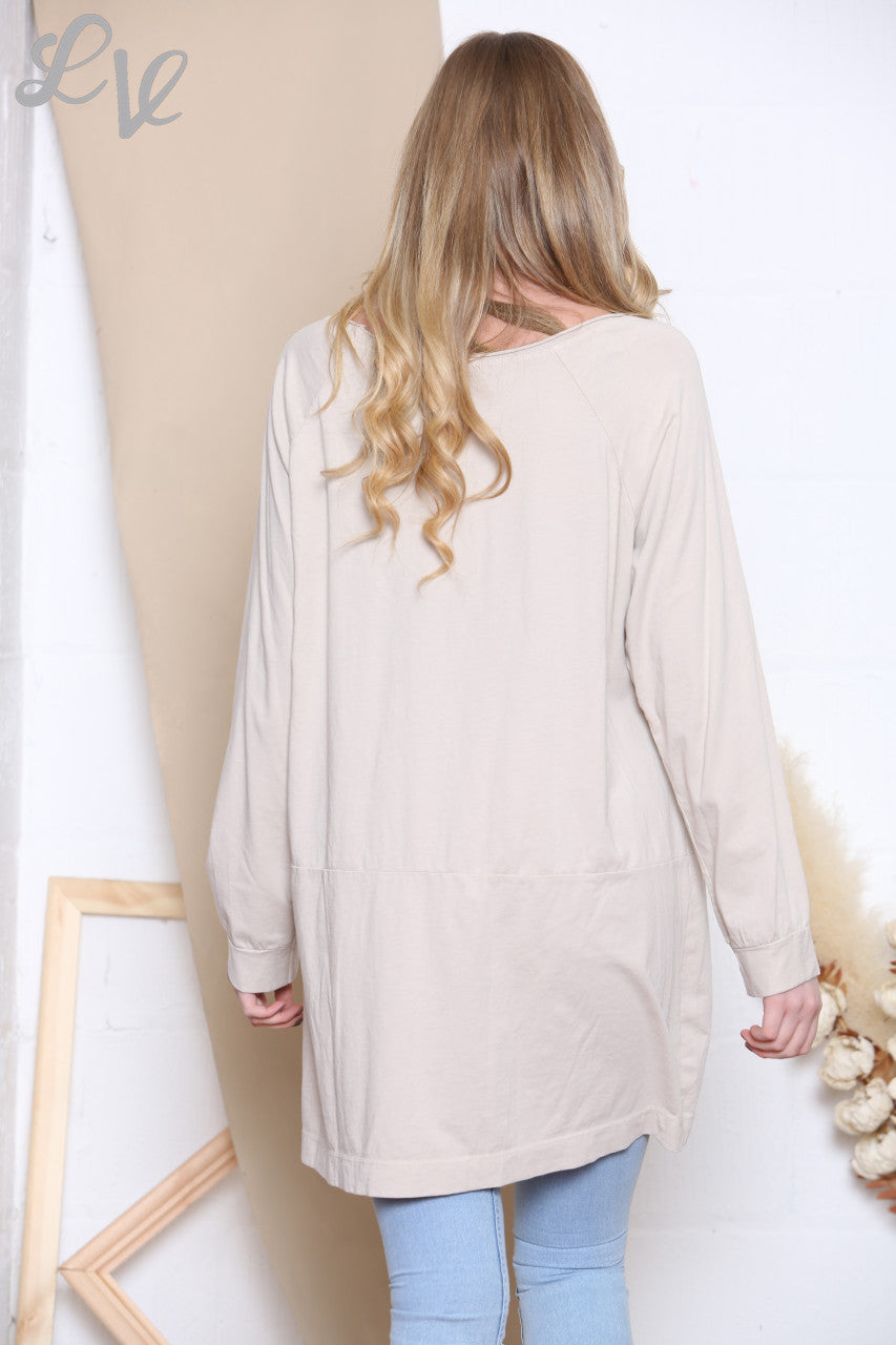Ladies Sequin Pocket Tunic Top Stone