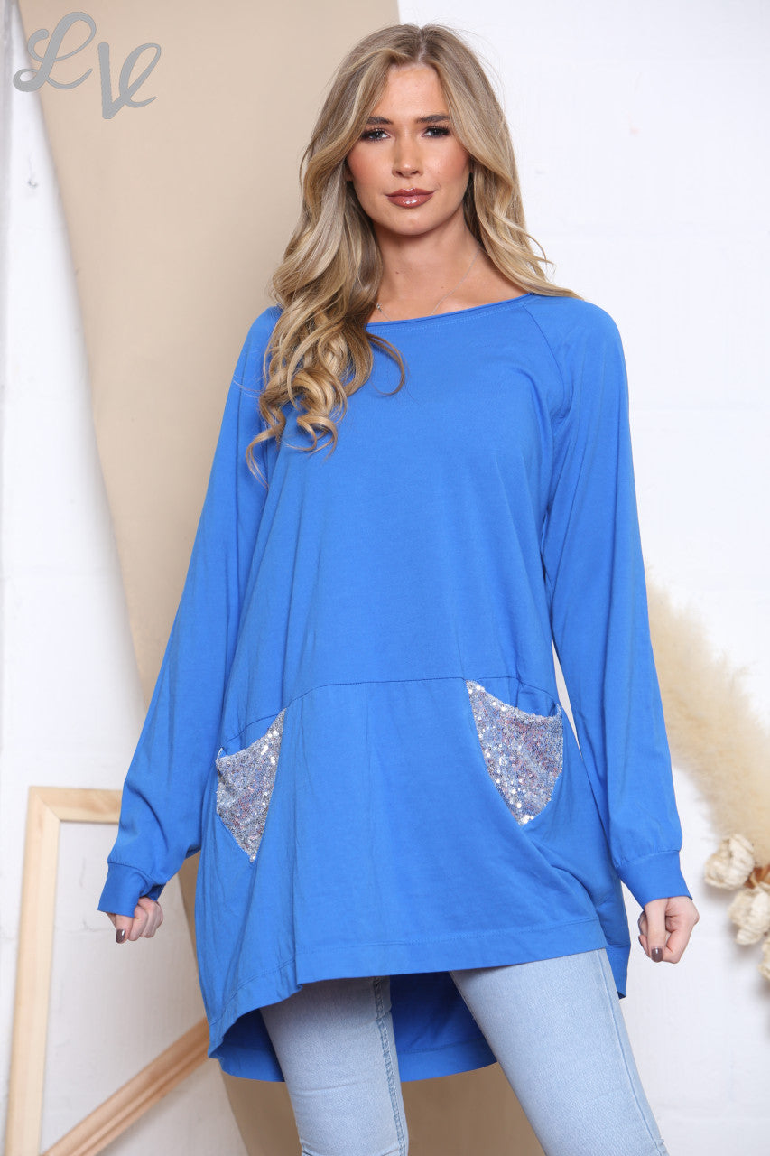 Ladies Sequin Pocket Tunic Top Royal Blue