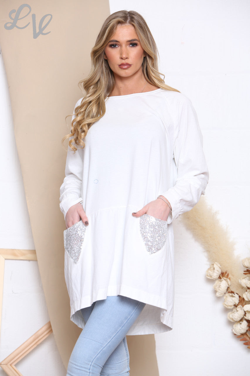 Ladies Sequin Pocket Tunic Top White