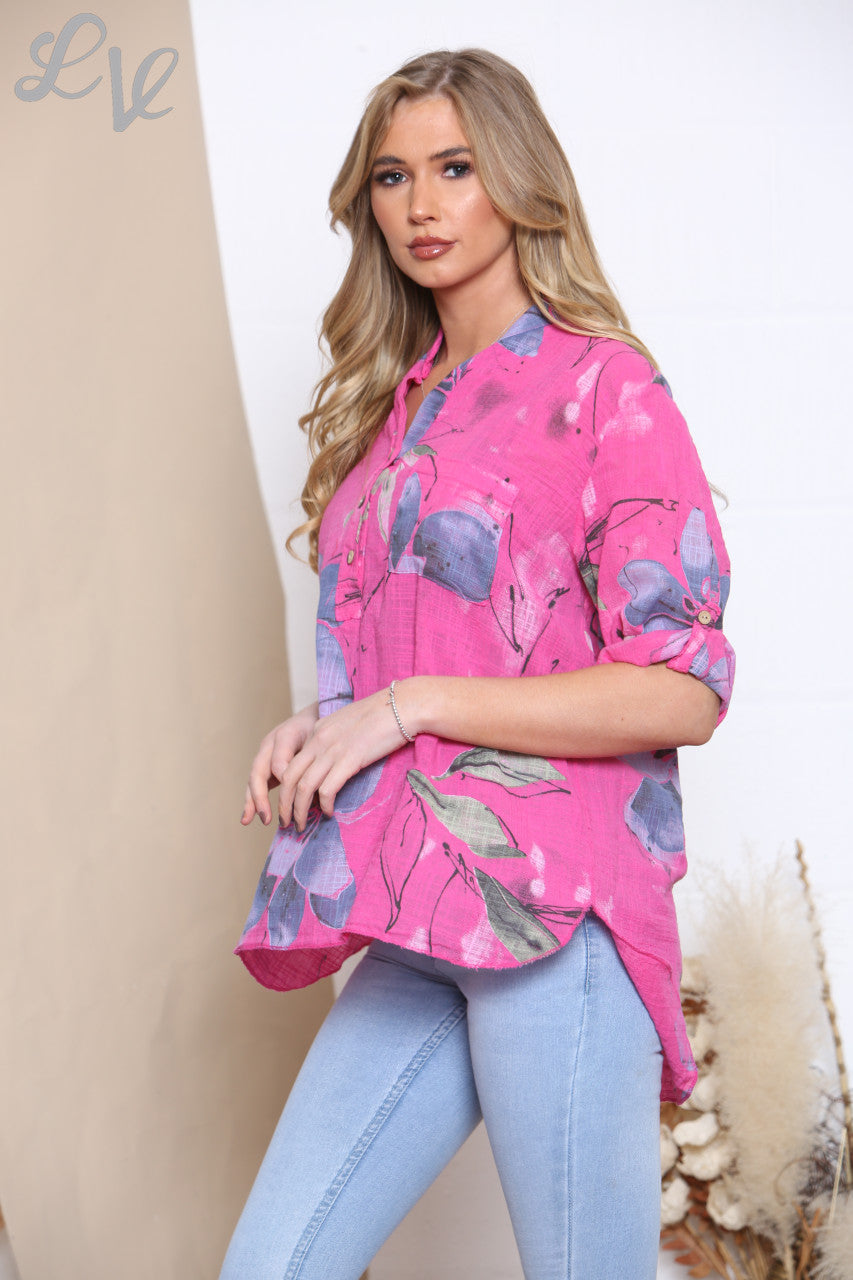 Dames bloemenprint Grandad shirt top cerise