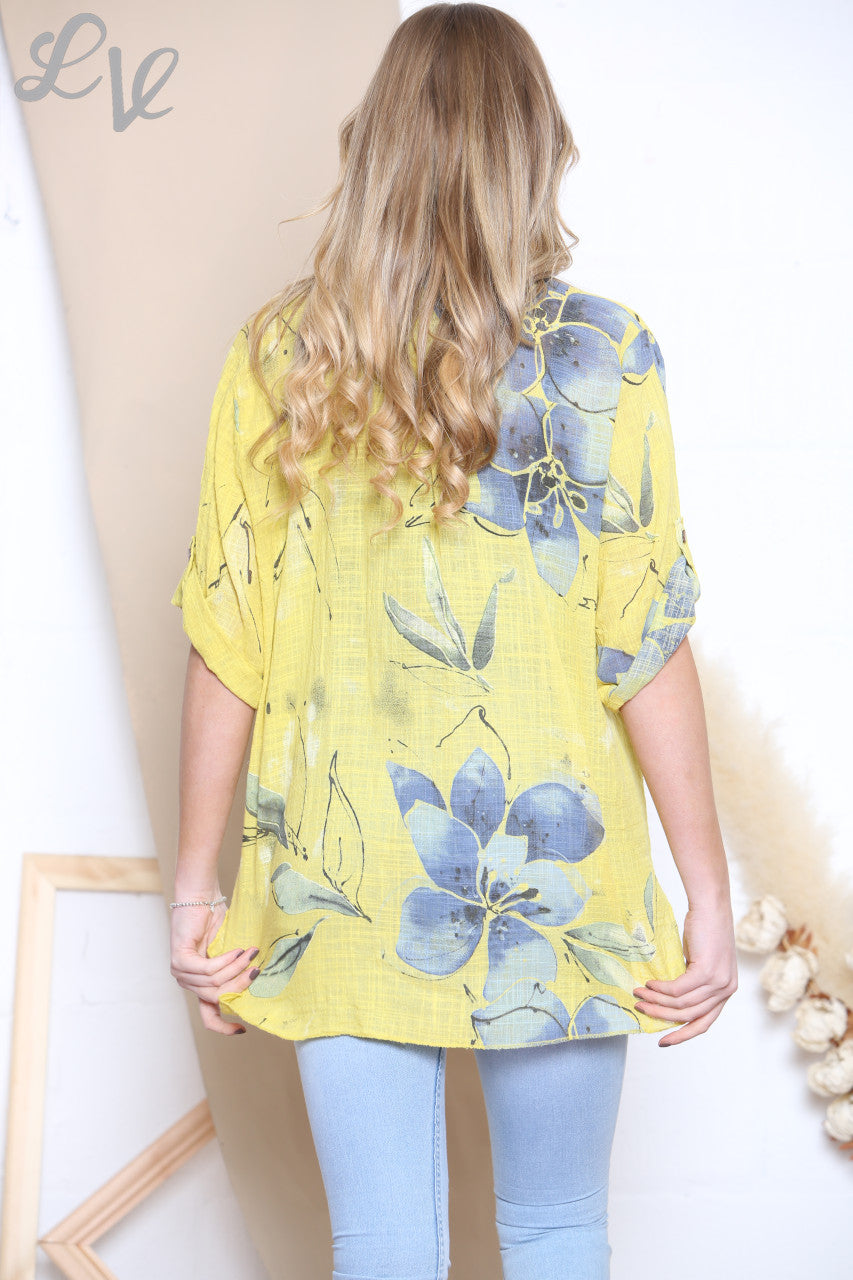 Ladies Floral Print Grandad Shirt Top Mustard
