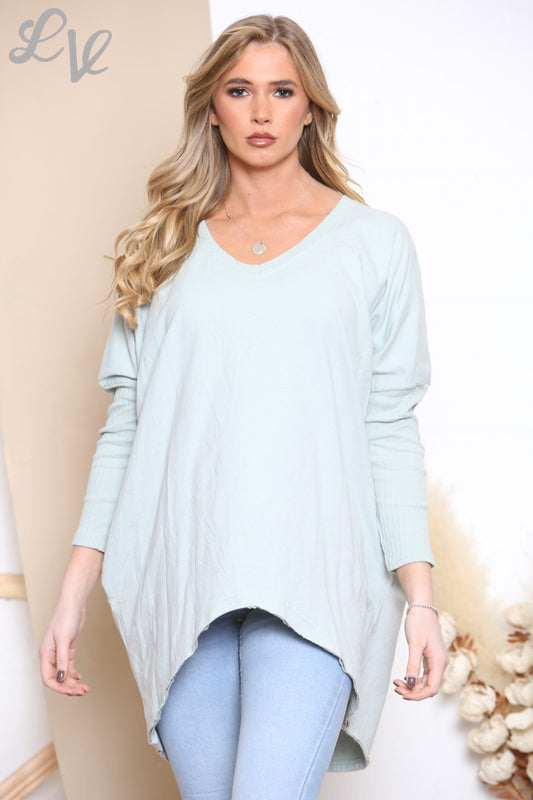 Ladies Contrast Knitted Sleeve Sweatshirt Top Mint