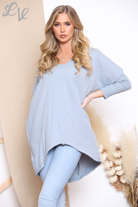 Ladies Contrast Knitted Sleeve Sweatshirt Top Denim