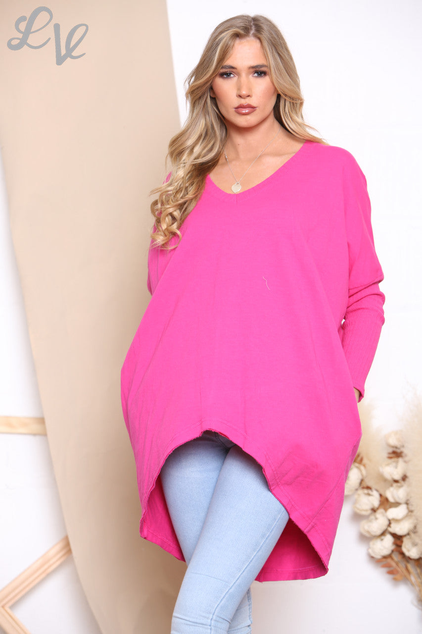 Dames Contrast Trui met Gebreide Mouwen Cerise