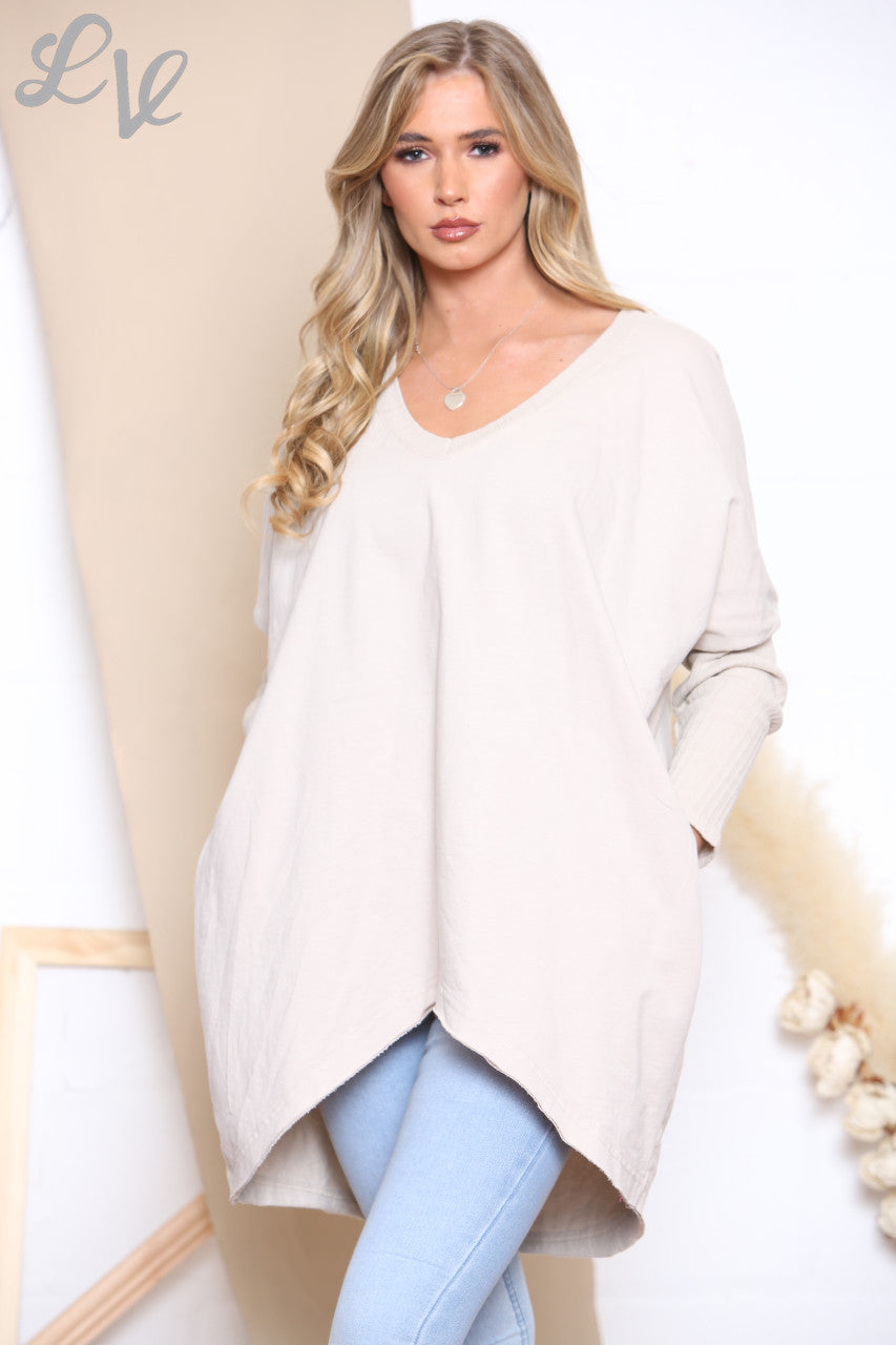 Dames Sweatshirt met Contrasterende Gebreide Mouwen Top Stone