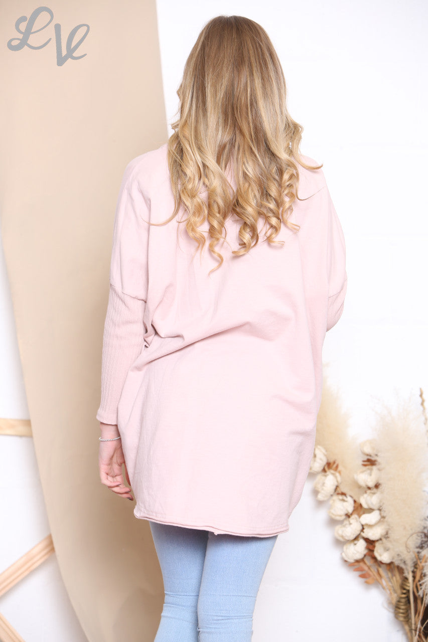 Ladies Contrast Knitted Sleeve Sweatshirt Top Dusty Pink