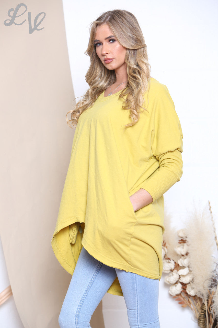 Ladies Contrast Knitted Sleeve Sweatshirt Top Mustard