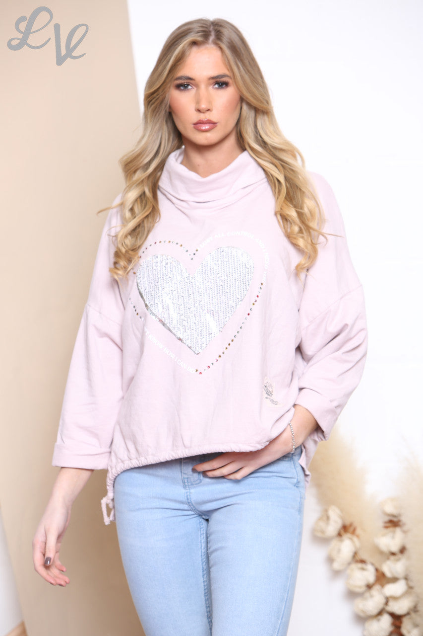 Ladies Script & Heart Graphic Sweatshirt Top Dusty Pink