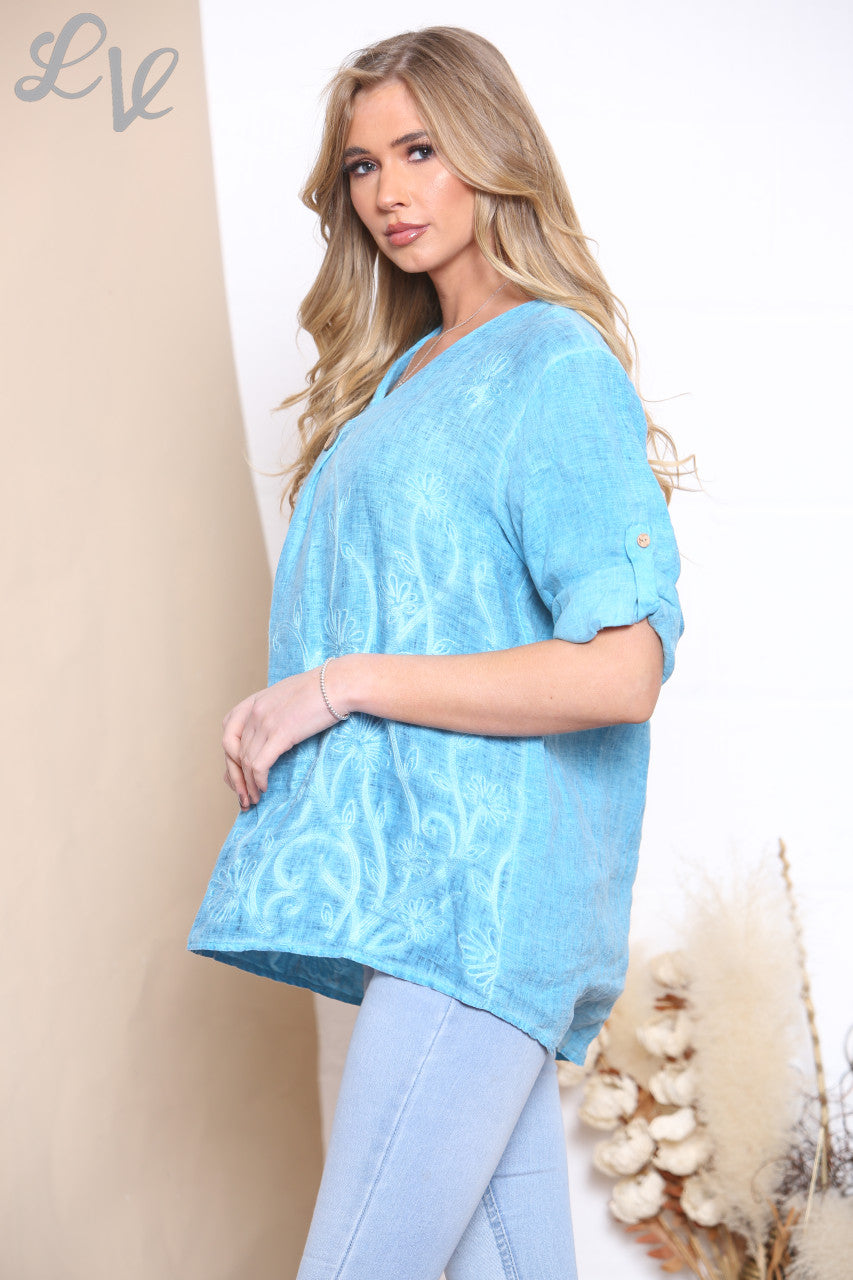 Dames Linnen Top met Geborduurd Bloemenprint Turquoise