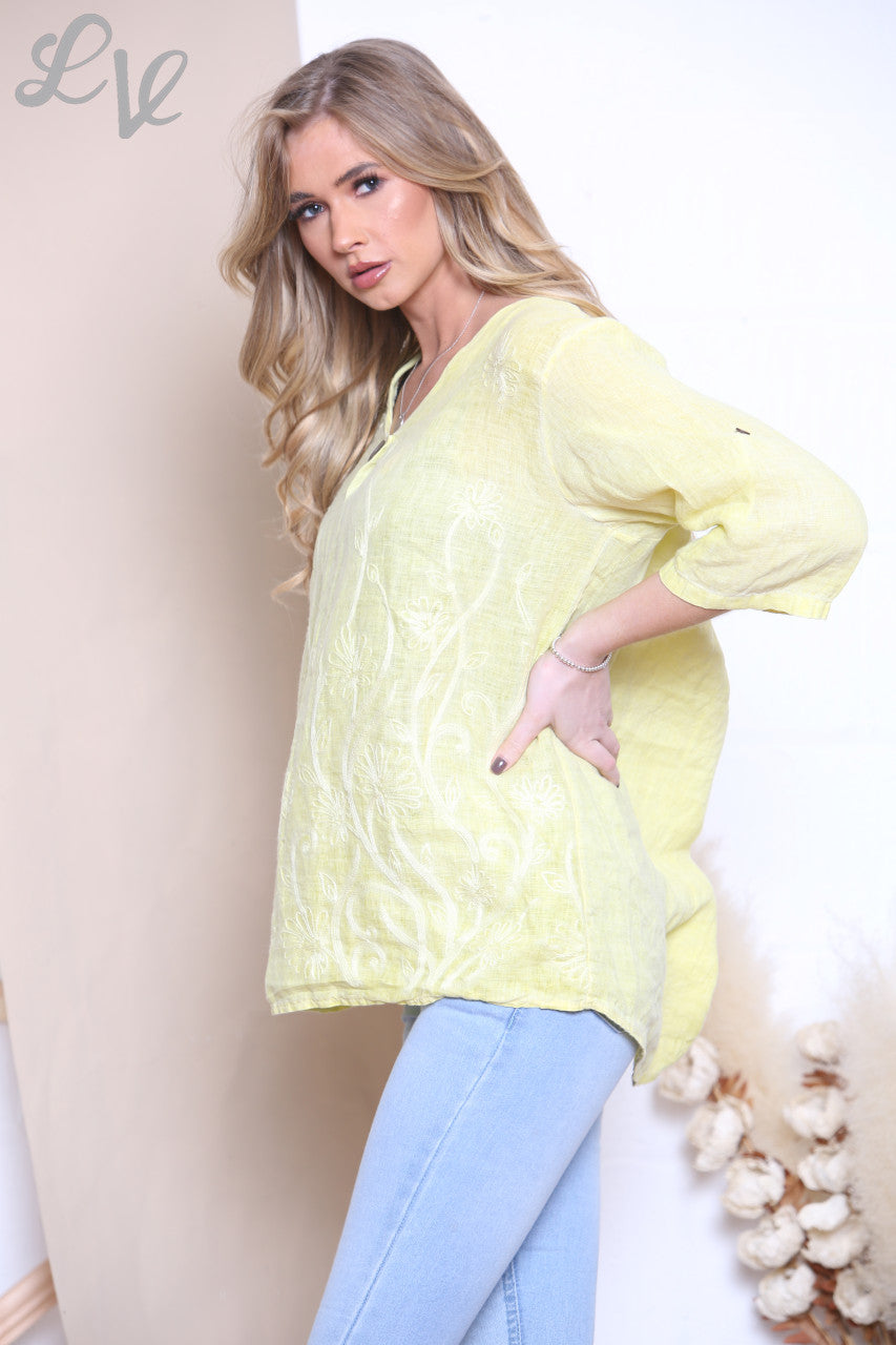Ladies Floral Embroidered Print Linen Top Lemon